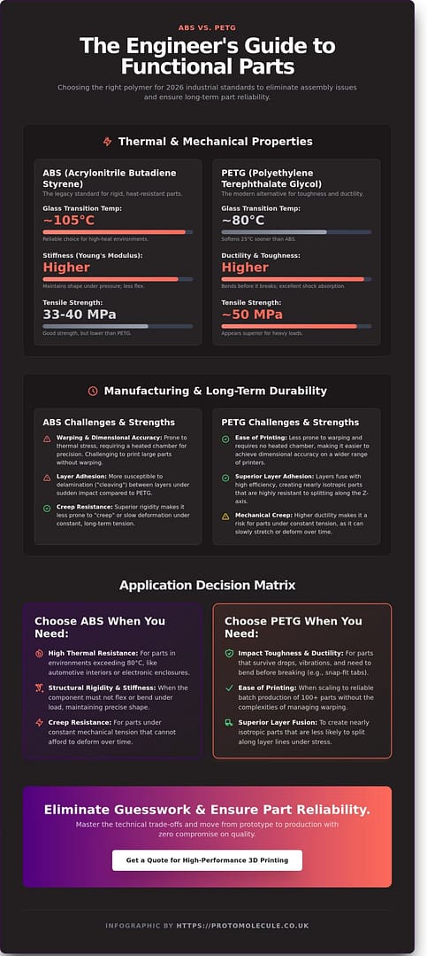 ABS vs PETG for Functional Parts: The 2026 Engineering Material Guide